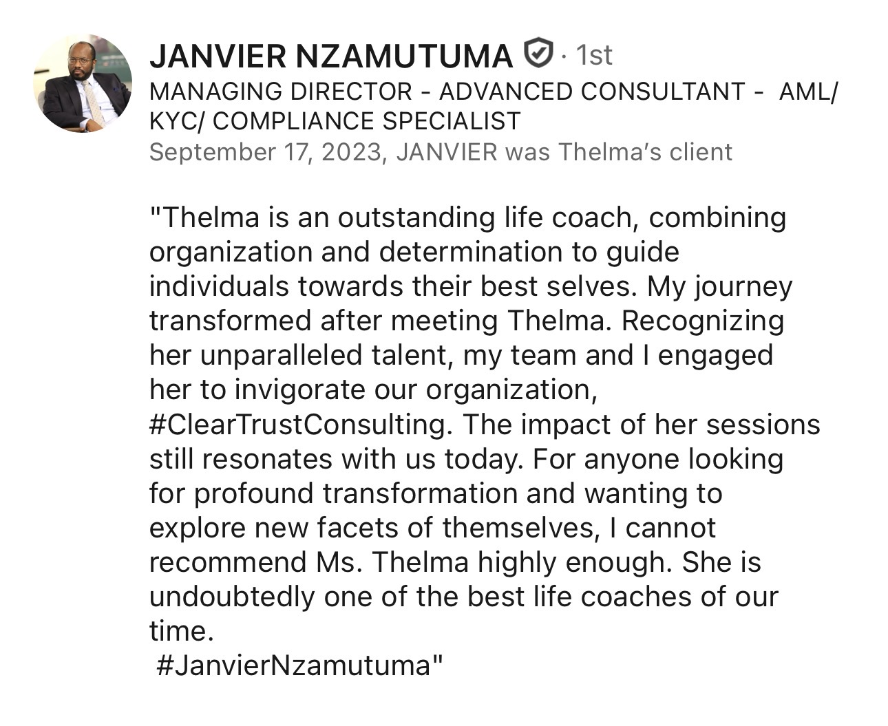 LinkedIn recommendation for Thelma Linda Hurtis from Janvier Nzamutuma, Managing Director of ClearTrust Consulting